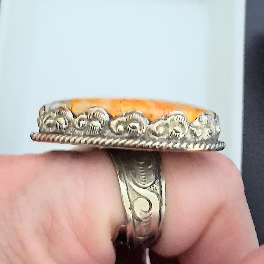 YELLOW JASPER HEART RING TIBETAN SILVER ADJUSTABLE 8-10